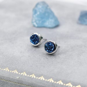 Sterling Silver Genuine Druzy Stone Crystal Stud Earrings. Blue Druzy Earrings, Round Minimalist Dot Geometric Design.