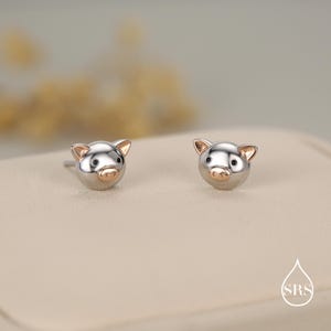 Pendientes de cerdito en plata de ley - Plata y oro rosa - Pendientes de animales de granja - Joyas originales y bonitas