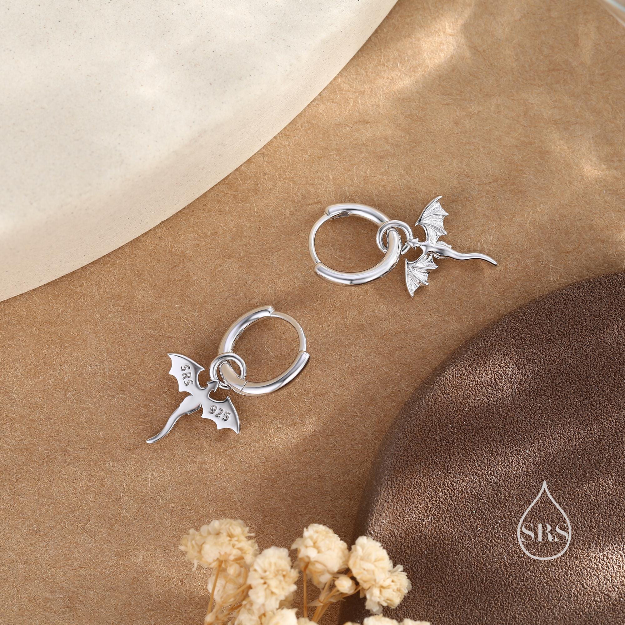 Tiny Dragon Huggie Hoop in Sterling Silver, Silver or Gold or Rose Gold, Dagon Dangle Hoop Earrings, Detachable and Interchangeable