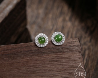 Echte Jasper Jade CZ Halo Stud Oorbellen in Sterling Zilver, Natuurlijke Jade Maansteen - Petite Jade Stud Oorbellen