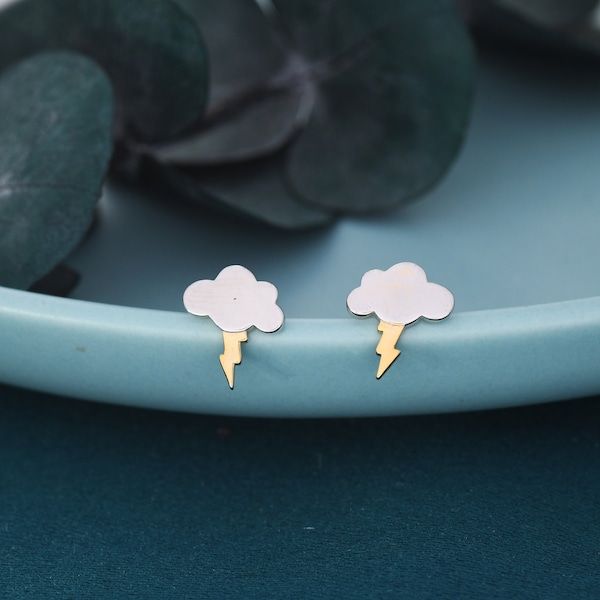 Dainty Little Cloud and Lightning Bolt Stud Earrings in Sterling Silver - Two Tone Gold and Silver Earrings -  Fun, Whimsical