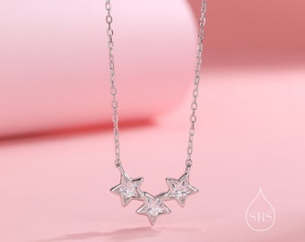 Clear CZ Triple Star Pendant Necklace in Sterling Silver