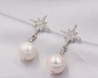 ☆ENGBROX☆ cherry pearl earring EBEA24040SV Starburst Star With Baroque Pearl Drop Earrings in Sterling