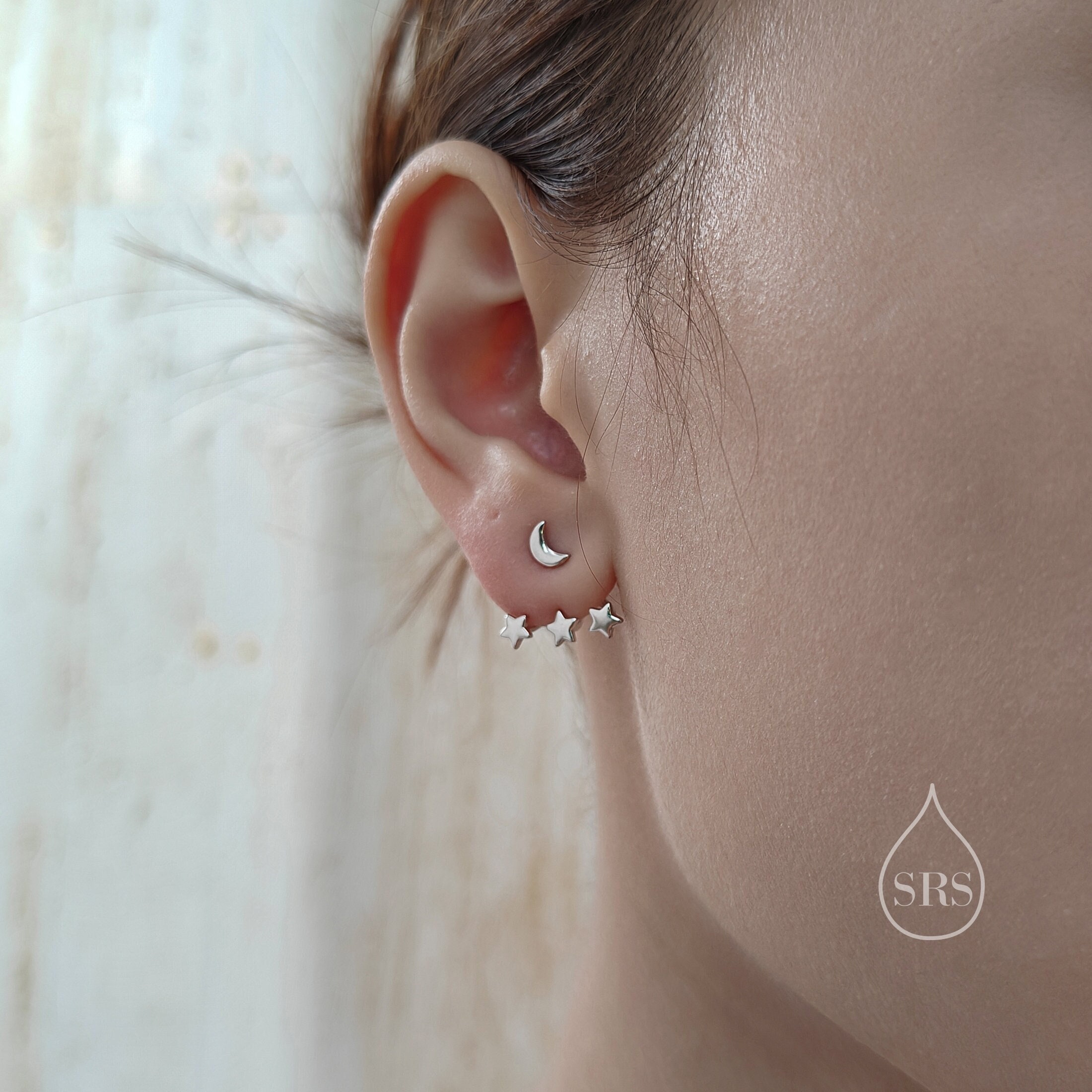 Moon and Star Ear Jacket in Sterling Silver, Three Star and
