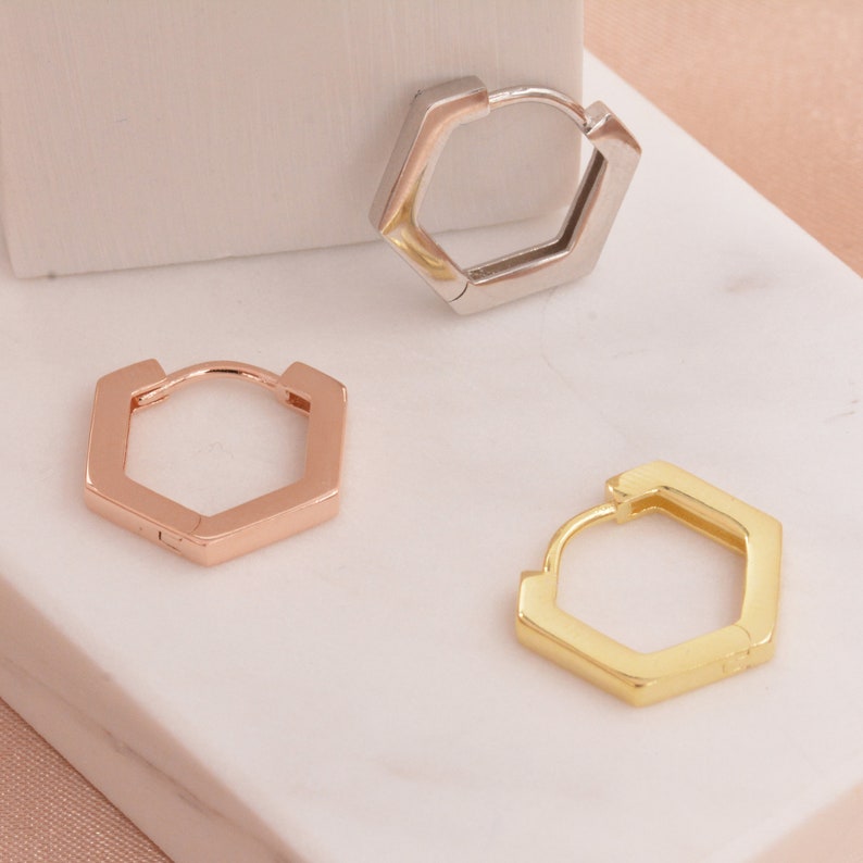 Gift Ideas for Quilters: beautiful hexagon earrings available in gold, silver and rose-gold.