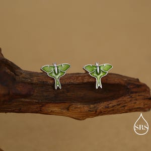 Lunar Moth Enamel Flat Back / Screw Back/ Stud Earrings in Sterling Silver, Green Enamel Butterfly Earrings, Nature-Inspired Animal Earring