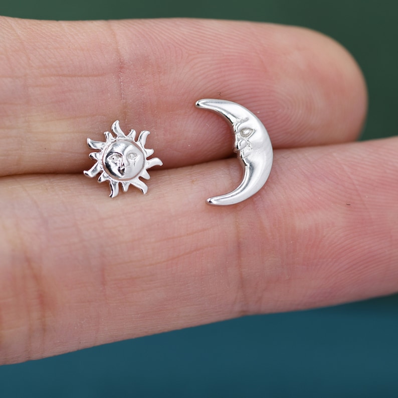 Mismatched Sun and Moon Stud Earrings in Sterling Silver, Asymmetric Man in the Moon and Sun Face Earrings, Silver Moon Face Earrings image 8