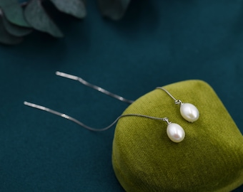 Genuine Pearl Threader Earrings in Sterling Silver, Silver or Gold, Pearl Ear Threaders, Natural Freshwater Pearls, Drop Ear Threaders,