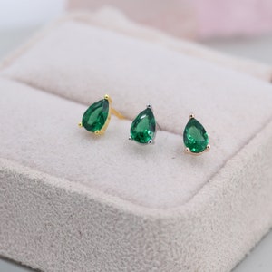 Sterling Silver Emerald Green Droplet Stud Earrings, Pear Cut Emerald Earrings, May Birthstone CZ Earrings, Silver, Gold or Rose Gold image 4