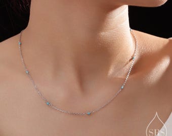 2 mm satellietketting met turquoise kralen in sterlingzilver, zilver of goud, choker, minimalistische geometrische stijl