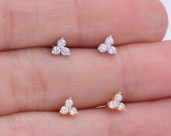 Very Tiny Three Dot Trio Stud Earrings in Sterling Silver with Sparkly CZ Crystals, Simple and Minimalist, Geometric and Discreet