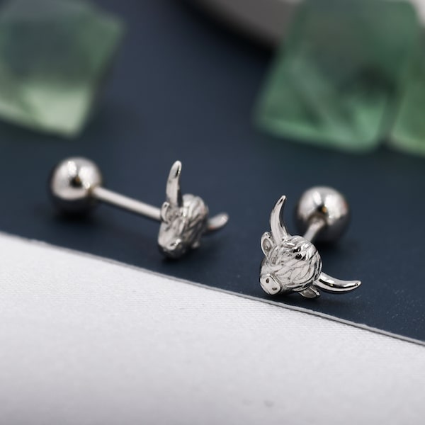 Extra Tiny Highland Cow 18G Screw Back Earrings in Sterling Silver, Animal Earrings,  Scotland, Scottish