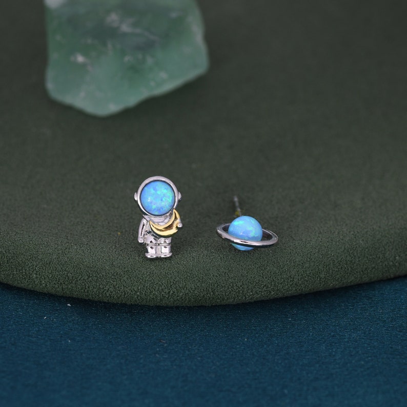 Mismatched Astronaut and Planet Stud Earrings in Sterling Silver, Asymmetric Planet and Spaceman Earrings with Blue Opal, Cute and Fun image 1