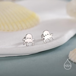 Tiny Octopus 18G Screw Back Earrings in Sterling Silver, Animal Earrings