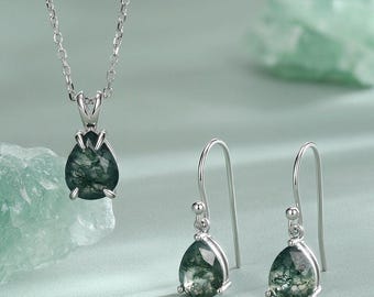 Sterling Silver Moss Agate Pear Earrings and Necklace Set