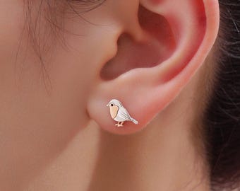 Baby Robin Bird Stud Earrings in Sterling Silver, Partial Rose Gold Coating, British Bird Earrings, Nature Inspired Animal Earrings