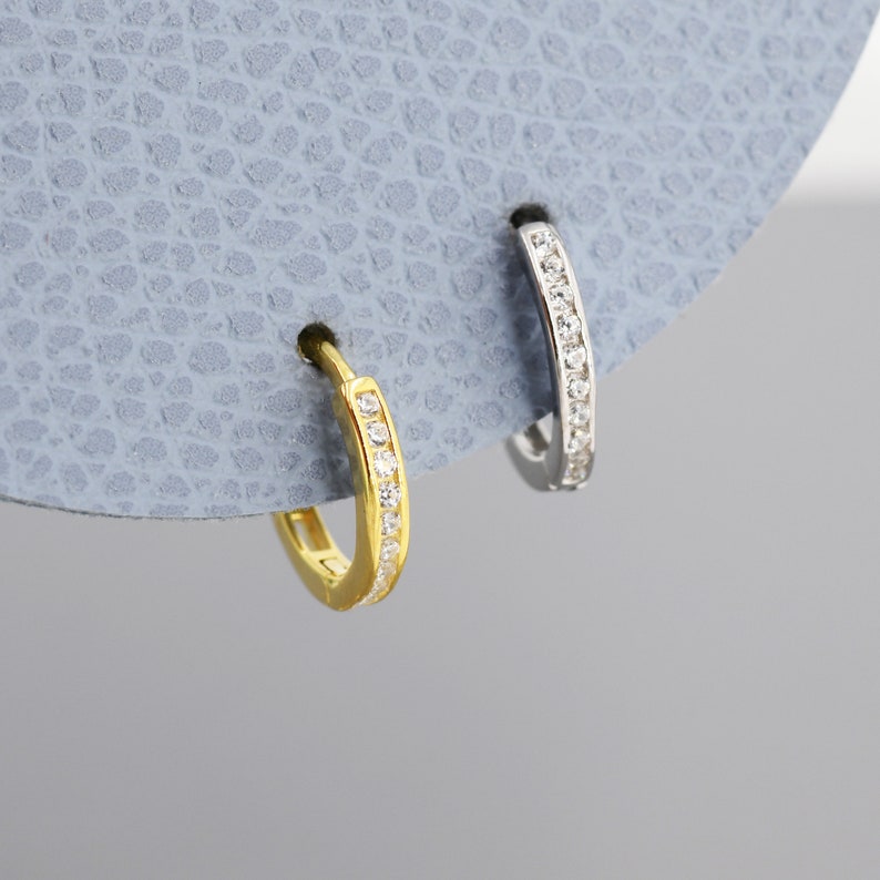 Extra Skinny Clear CZ Huggie Hoop in Sterling Silver, Silver or Gold, 8mm Inner Diameter Hoop Earrings, April Birthstone image 5