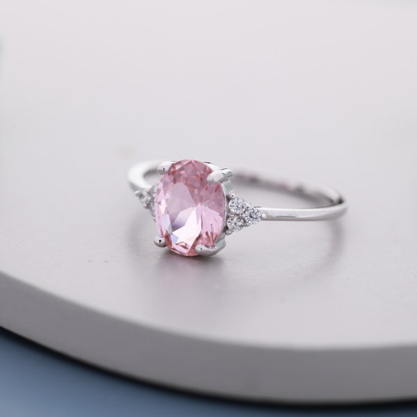 Genuine Morganite Oval Ring in Sterling Silver, Natural Pink Morganite Ring, Three CZ,  Vintage Inspired Design, US 5 - 8