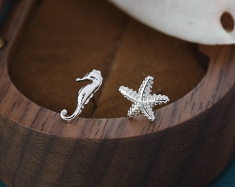 Mismatched Seahorse and Sea Star Stud Earrings in Sterling Silver. Asymmetric Starfish and Seahorse Earrings, Fun and Quirky