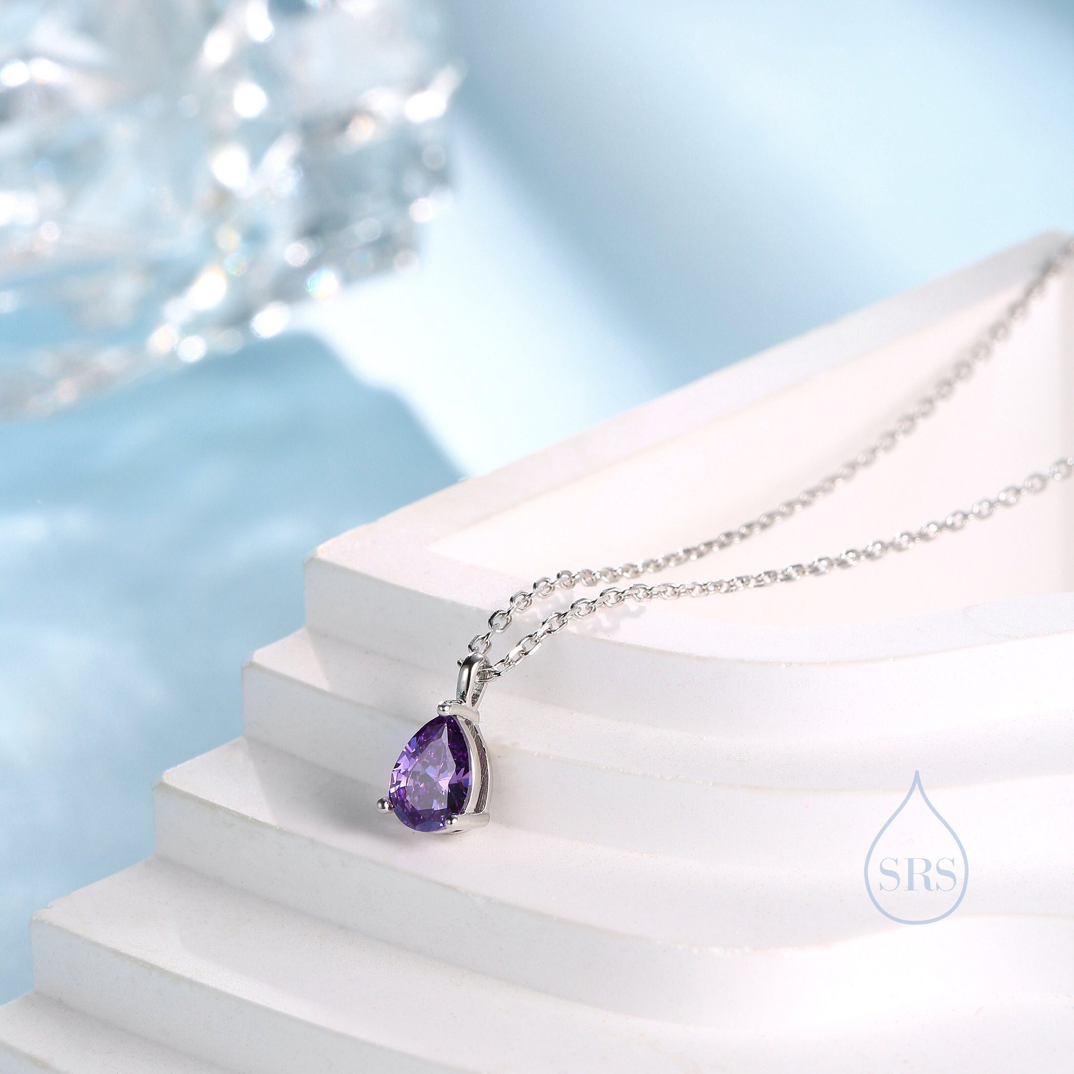 Amethyst Purple Droplet CZ Pendant Necklace in Sterling Silver