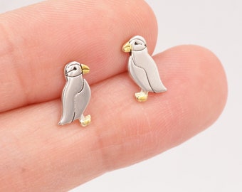 Puffin Bird Stud Earrings in Sterling Silver - Gold and Silver Two Tone - Cute, Fun, Whimsical and Pretty Jewellery