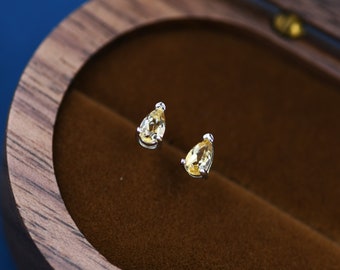 Genuine Citrine Crystal Droplet Stud Earrings in Sterling Silver, Natural Yellow Citrine Pear Shape Stud Earrings, November Birthstone