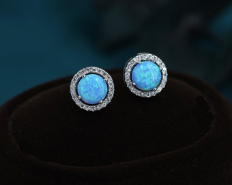 Blue Opal CZ Halo Stud Earrings in Sterling Silver - 8mm - Sustainable Lab Opal - Petite Stud Earrings