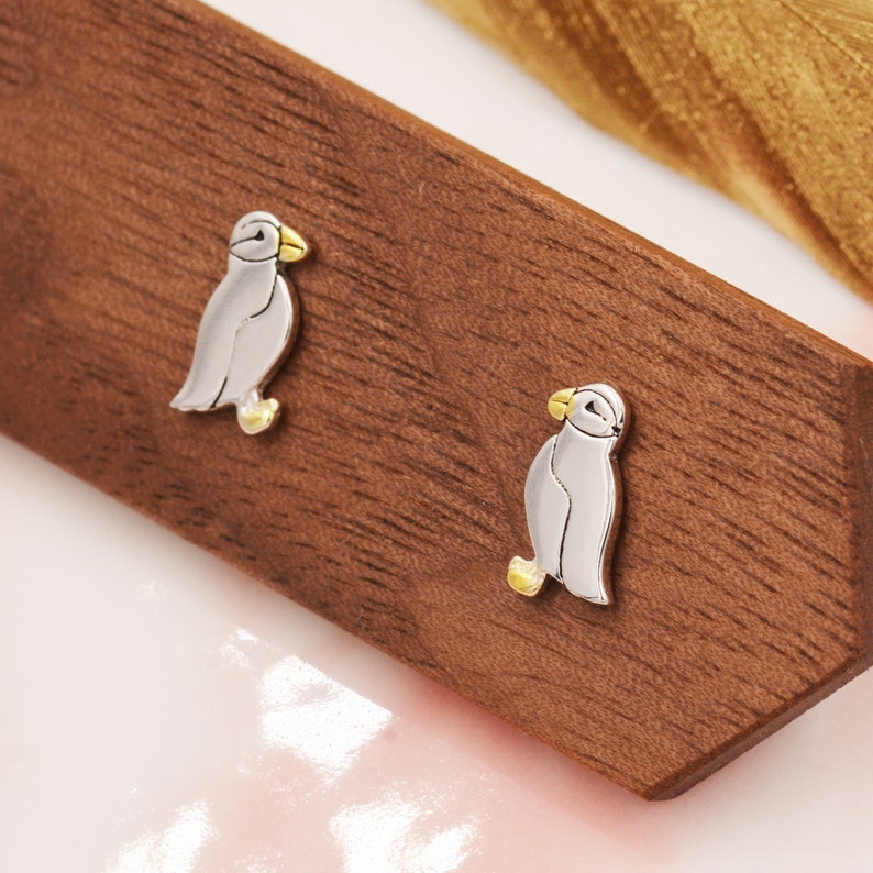 Puffin Bird Stud Earrings in Sterling Silver Gold and Silver Two Tone Cute, Fun, Whimsical and Pretty Jewellery image 8