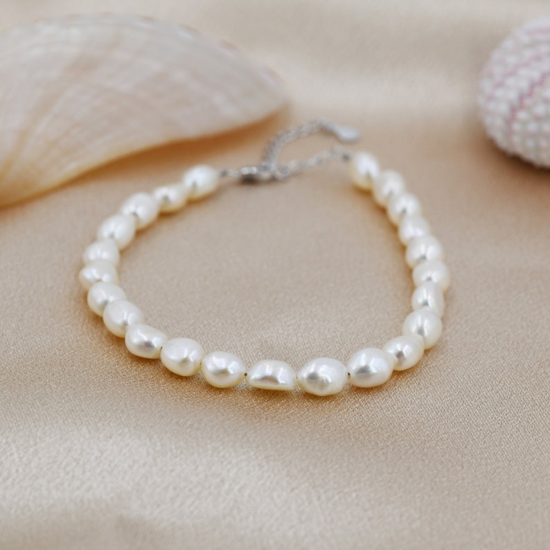 Sterling Silver Baroque Pearl Bracelet, Silver or Gold, Genuine Fresh Water Pearls, Natural Pearl Bracelet zdjęcie 7