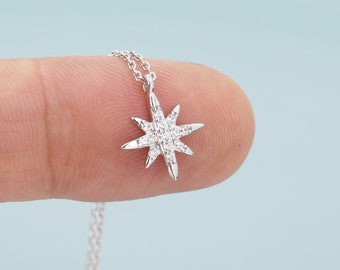 Tiny Starburst Pendant Necklace in Sterling Silver, Silver or Gold, CZ North Star Necklace, Celestial Jewellery