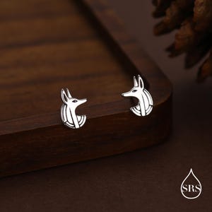 Op de afbeelding: Een paar zilverkleurige oorstekers met het profiel van een Anubis-hoofd. De oorbellen liggen op een donkerhouten oppervlak, met een dennenappel op de achtergrond. De oorbellen hebben een gedetailleerd ontwerp en zijn waarschijnlijk van metaal.