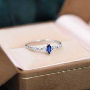 Vintage Inspired Sapphire Blue CZ Ring in Sterling Silver, Marquise Ring, Delicate Sapphire Ring, Size US 5 - 8