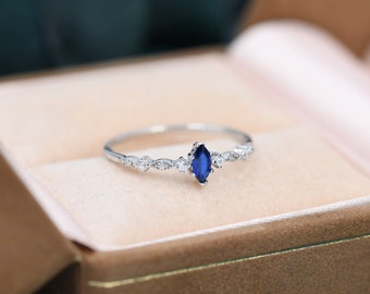 Vintage Inspired Sapphire Blue CZ Ring in Sterling Silver, Marquise Ring, Delicate Sapphire Ring, Size US 5 - 8