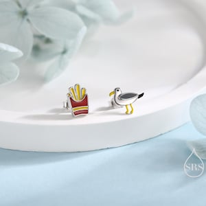 Ausgefallene, ungleiche Ohrstecker mit Möwen- und Pommes-Motiven aus Sterlingsilber, emaillierte Chips- und Möwenohrringe, Vogelohrringe
