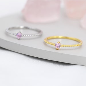 Tourmaline Pink CZ Ring in Sterling Silver, Silver or Gold, Delicate Stacking Ring, Pink CZ Skinny Band, Size US 6 8, October Birthstone image 2