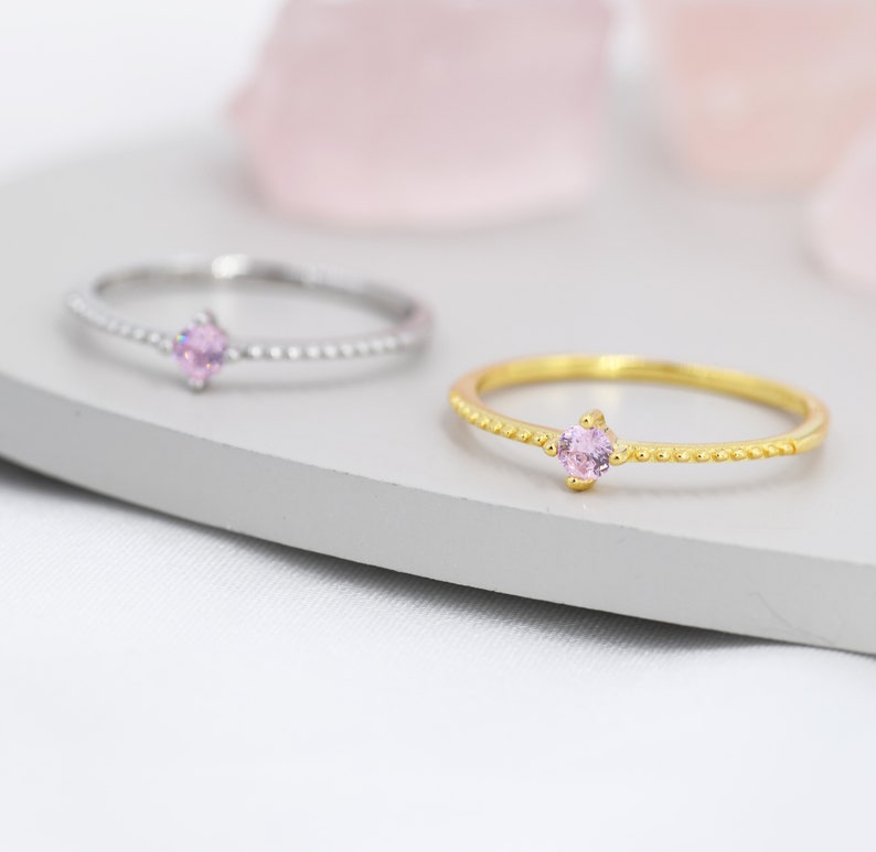 Tourmaline Pink CZ Ring in Sterling Silver, Silver or Gold, Delicate Stacking Ring, Pink CZ Skinny Band, Size US 6 8, October Birthstone image 2