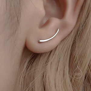 Minimalist Curved Bar Crawler Earrings in Sterling Silver, Silver or Gold or Rose Gold, Minimalist Geometric, Wave Ear Climbers image 1