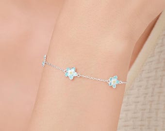 Enamel Forget Me Not Flower Trio Bracelet in Sterling Silver, Flower Bracelet, Blossom Bracelet, Forget-me-not Flower Bracelet