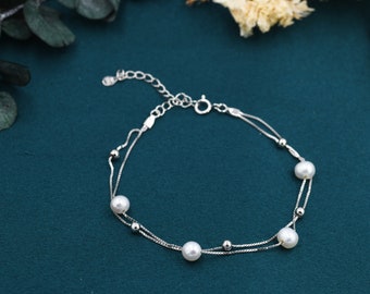 Sterling Silver Delicate Pearl and Silver Ball Beaded Bracelet, Double Layer, Silver or Gold, Real Freshwater Pearls, Natural Pearl Bracelet
