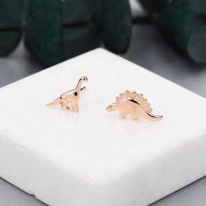 Mismatched Dinosaur Stud Earrings in Sterling Silver, Silver, Gold or Rose Gold, Asymmetric Stegosaurus and Brachiosaurus Dino Earrings image 7