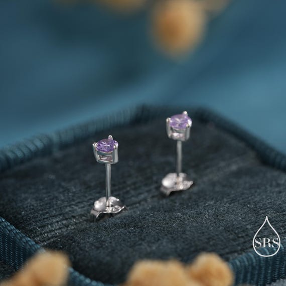 Boucles D'oreilles Puces Carré Améthyste Cz – Argent 925, Violet, Neuves Avec étiquettes