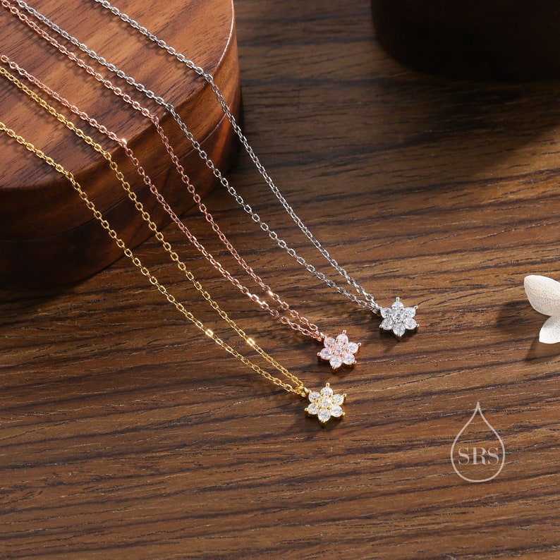 Tiny CZ Flower Necklace in Sterling Silver, Silver or Gold or Rose Gold, CZ Snowflake Necklace, CZ Cluster Floral Necklace image 5