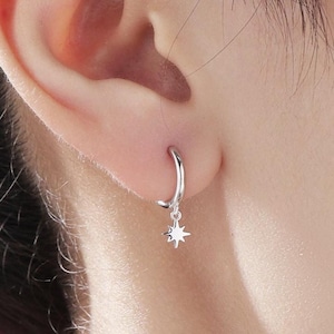 Minimal and Tiny Starburst Huggie Hoop Earrings in Sterling Silver, Silver, Gold or Rose Gold, North Star Earrings, Sunburst Earrings