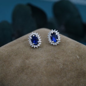 Sapphire Blue CZ Stud Earrings in Sterling Silver, Blue Oval Crystal Stud Earrings, September Birthstone zdjęcie 4