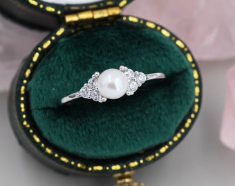 Anello con perla d'acqua dolce autentica e zirconi cubici in argento sterling, argento, oro o oro rosa, anello con perla naturale, US 5 - 8