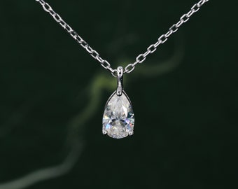 1 Carat Moissanite Solitaire Pear Cut Pendant Necklace  in Sterling Silver, 1 Ct Moissanite Diamond Droplet Necklace, 4x7mm Moissanite