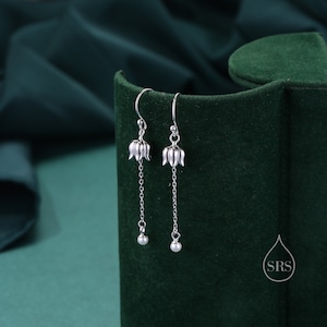 Lily of the valley with Dangle Pearl Dangle Earrings in Sterling Silver, Lily of the Valley Flower Dangle Earrings - Long Chain