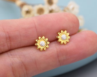 Little Sunflower Flower Stud Earrings in Sterling Silver - Flower Earrings - Cute Flower Blossom Daisy Earrings  -   Fun, Whimsical