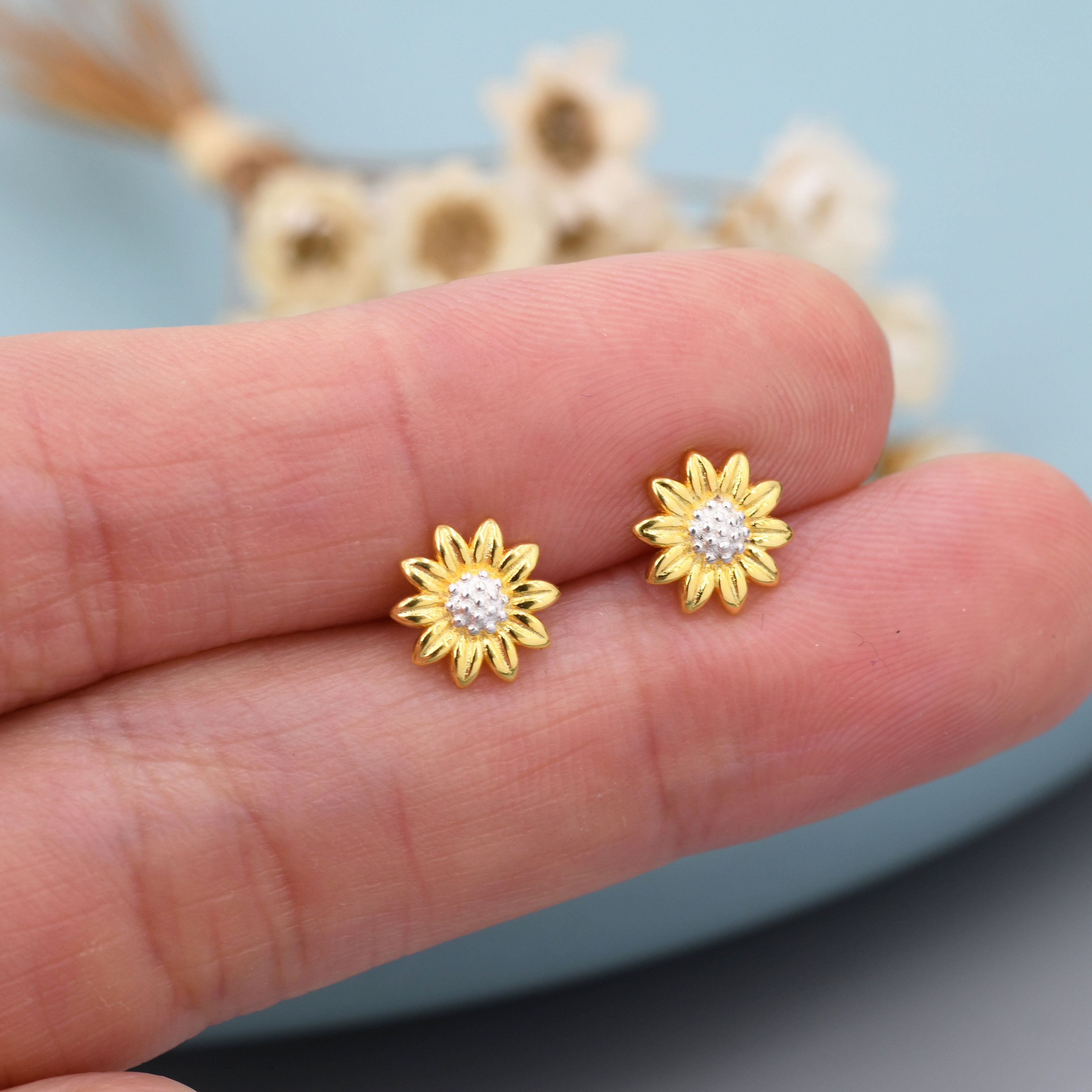 Little Sunflower Flower Stud Earrings in Sterling Silver