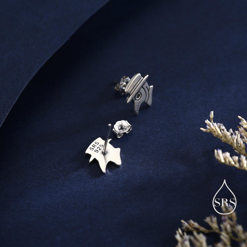 May include: A pair of silver-colored stud earrings. One earring is a stylized design of a plague doctor with a hat and beak. The other earring is a small, silver-colored leaf shape. The earrings are on a dark blue background.